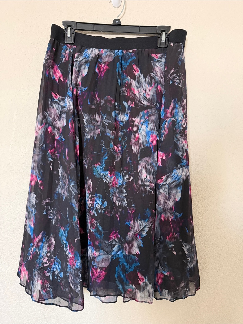Chelsea28 Black Floral A-Line Midi Skirt with Pink & Blue Accents